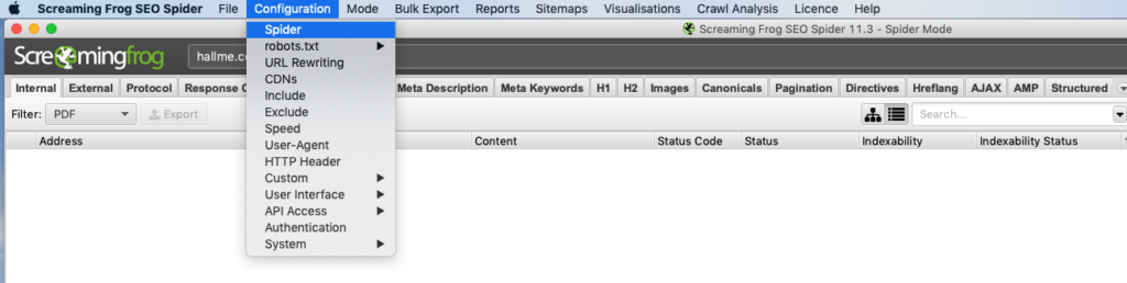 Screenshot of Screaming Frog Spider Configuration