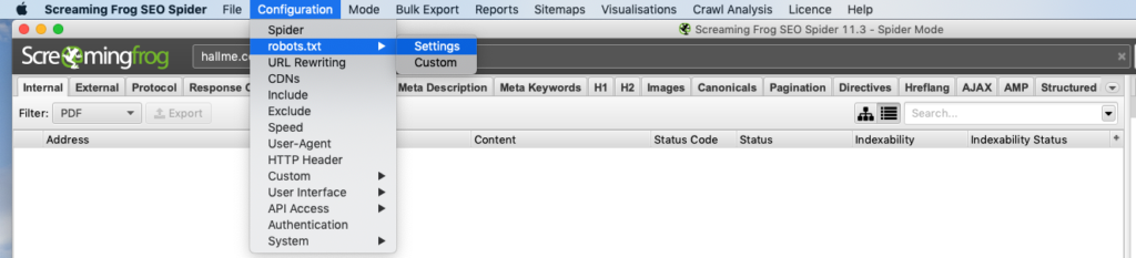 Screenshot of Screaming Frog Robot.txt Settings