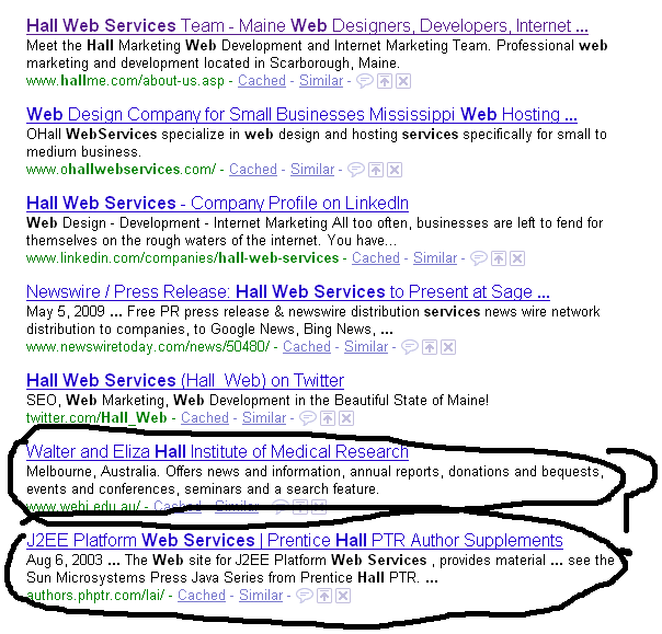 less relevant results in old google for "hall web services"