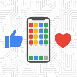 mobile phone with app screen surrounded by thumbs up and heart icons