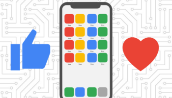 mobile phone with app screen surrounded by thumbs up and heart icons