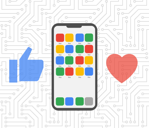mobile phone with app screen surrounded by thumbs up and heart icons