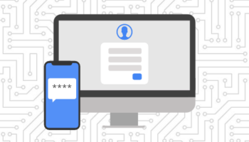 Two Factor Authentication Graphic with desktop login screen and mobile device with password