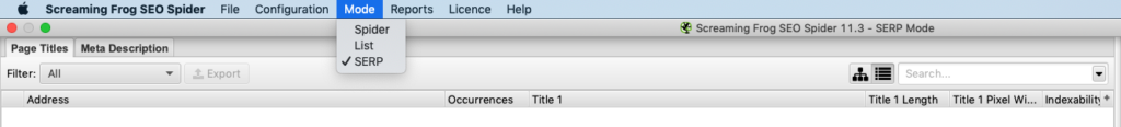 Screenshot of SERP Mode in Screaming Frog
