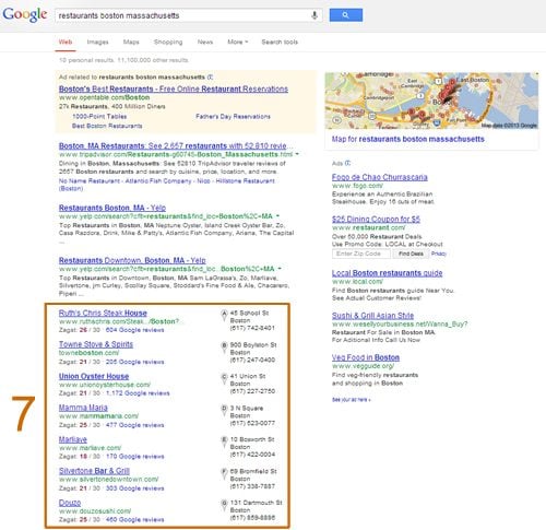 7 Pack search result listing for restaurants in Boston