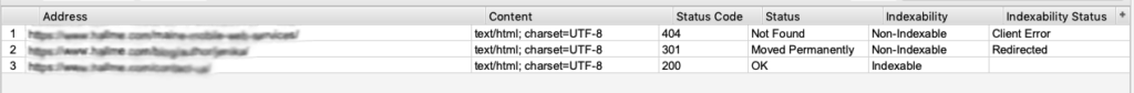 Screenshot of Screaming Frog Status Column