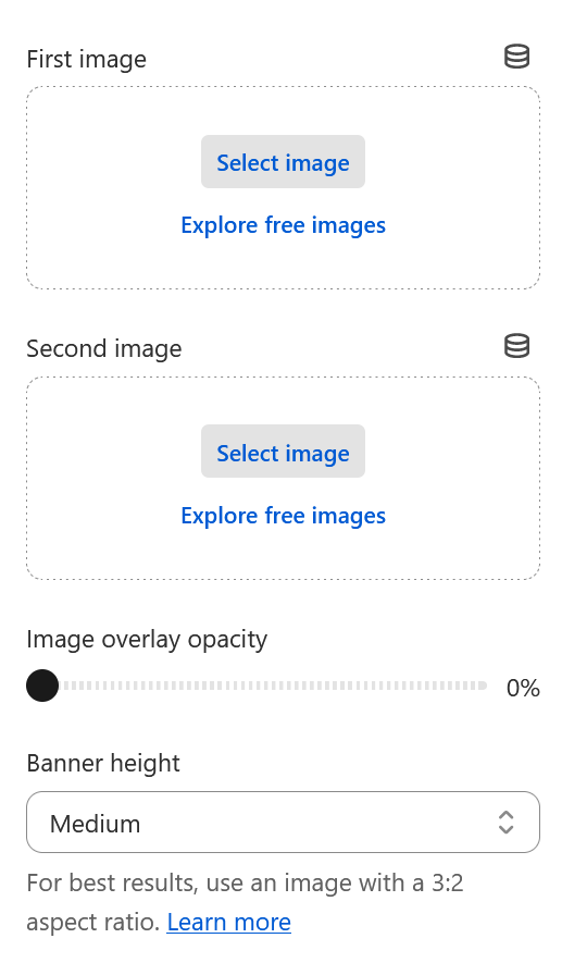 The settings for the Image Banner allow up to two images to be uploaded, and the image opacity and banner height to be changed.