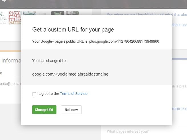 Confirming a custom URL for your Google Plus Page