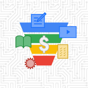 Marketing funnel graphic with icons for different types of content and a dollar sign