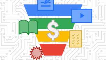 Marketing funnel graphic with icons for different types of content and a dollar sign