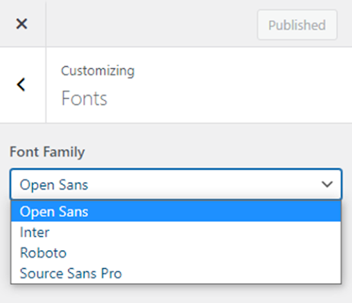 WordPress Customizer customizing fonts setting