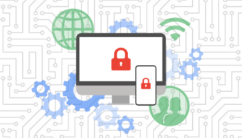 Cybersecurity graphic with desktop and mobile