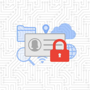 data privacy graphic with information card, folder, magnifying glass, cloud, world, location pin, wifi icon, and a red lock