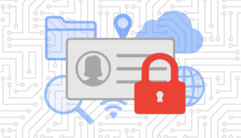 data privacy graphic with information card, folder, magnifying glass, cloud, world, location pin, wifi icon, and a red lock