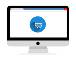 Graphic of desktop computer displaying an eCommerce shopping cart