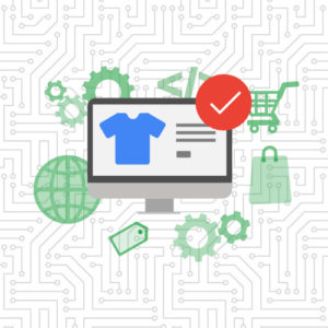 eCommerce site on desktop with red checkmark surrounded by shopping and web development icons