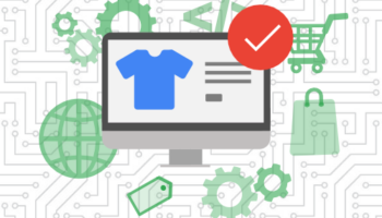 eCommerce site on desktop with red checkmark surrounded by shopping and web development icons