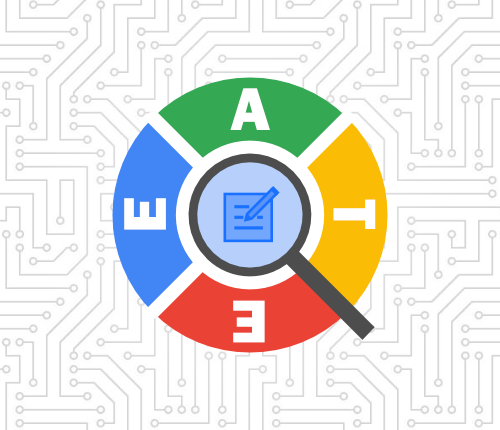 Magnifying glass focused on a writing icon surrounded by the letters E-E-A-T.