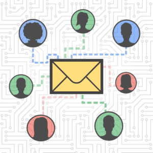 Email marketing personalization graphic with envelope connected to people icons