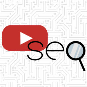 youtube logo and the word seo spelled out with a magnifying glass