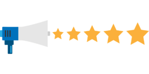 Megaphone graphic with 5 gold stars