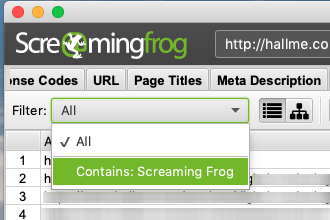 Filter drop down selecting Contains: Screaming Frog.