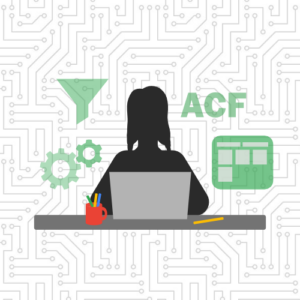 Developer on laptop surrounded by filter, gears, and ACF icons