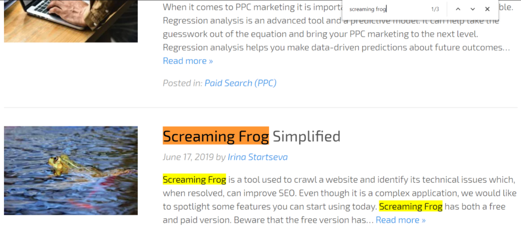 Occurrences of "screaming frog" on the front end of a URL from hallme.com