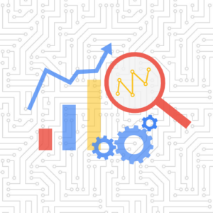 Google Analytics 4 icons, bar graph, line graph, magnifying glass, gears