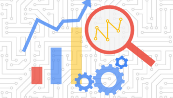 Google Analytics 4 icons, bar graph, line graph, magnifying glass, gears