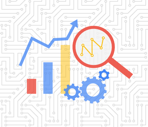Google Analytics 4 icons, bar graph, line graph, magnifying glass, gears