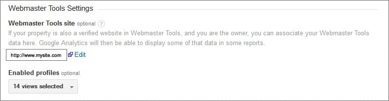 Google Analytics Webmaster Tools Association Options