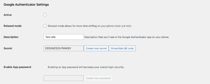 Google Authenticator Settings in WordPress