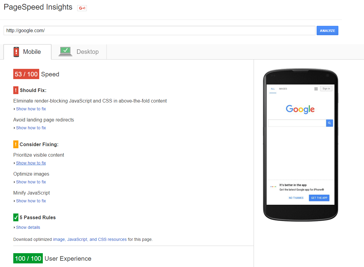 Google Hompage PageSpeed