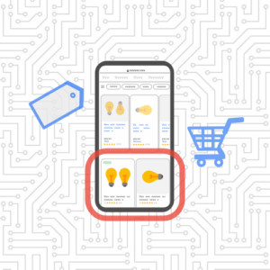 Google Shopping tab on mobile graphic with shopping cart and price tag