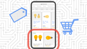 Google Shopping tab on mobile graphic with shopping cart and price tag