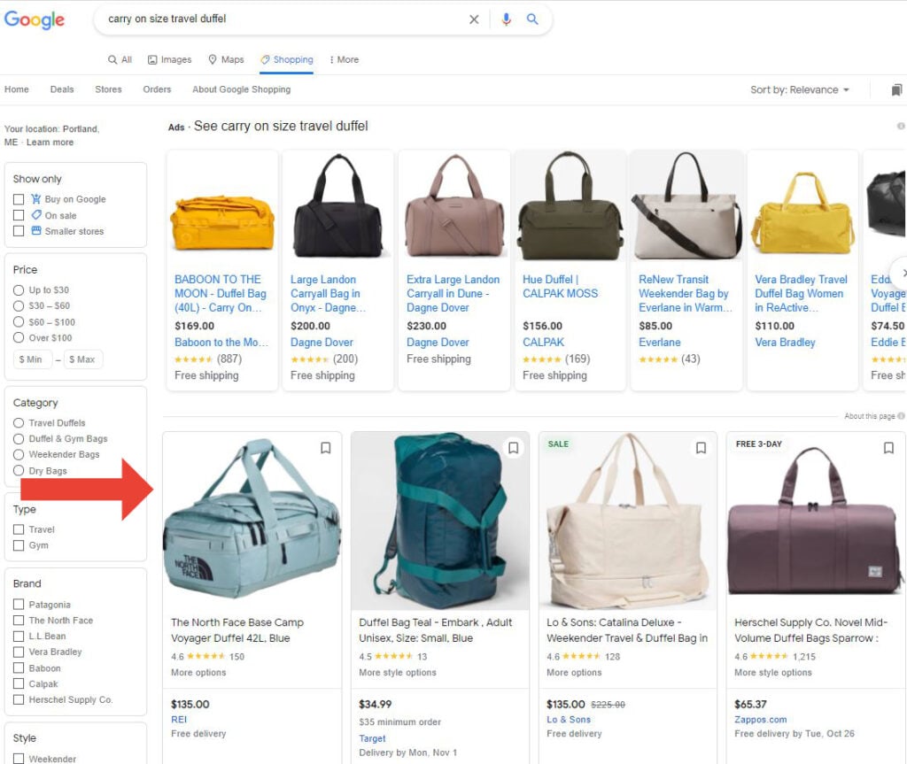 Google Shopping duffel search result screenshot