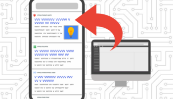 Desktop using WordPress with red arrow pointing to a mobile page listing on Google SERP