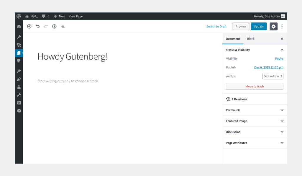 The back end of the new Gutenberg block editor that's a part of WordPress 5.0.