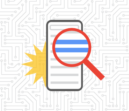 Mobile phone with magnifying glass zoomed in on search engine headline