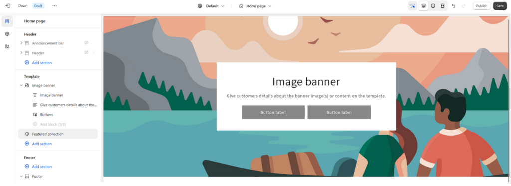 The Shopify theme editor has a sidebar with the Announcement Bar, Header, Template, and Footer. The Image Banner section under Template is selected.