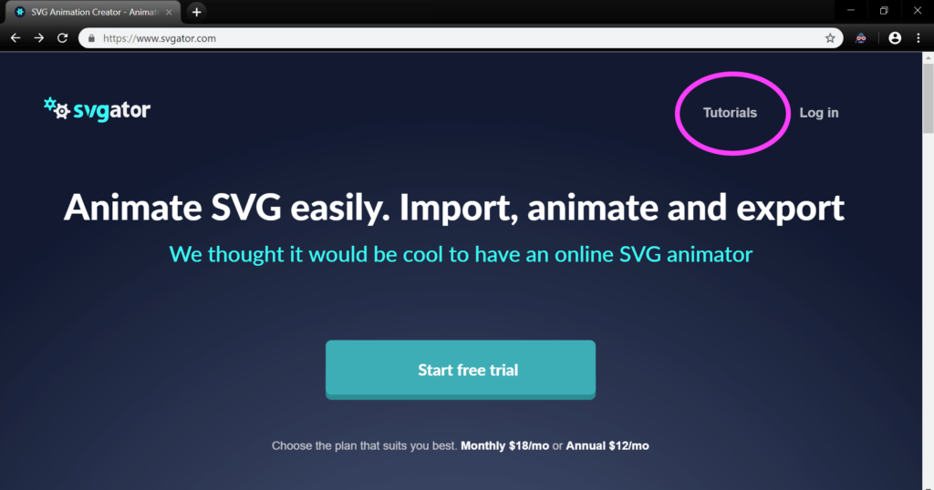 svgator homepage showing where the tutorial button is located