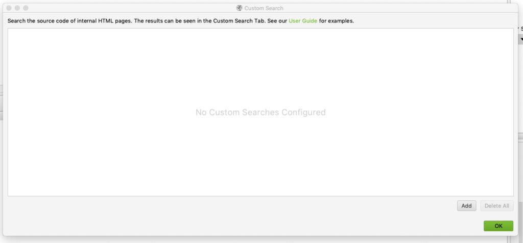 Empty Custom Search window on the Screaming Frog application.