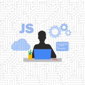 Web Developer surrounded by JavaScript-related graphics: gears, cloud, code