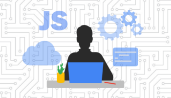 Web Developer surrounded by JavaScript-related graphics: gears, cloud, code