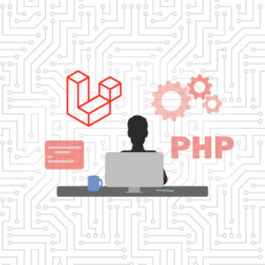 PHP developer on computer surrounded by Laravel, gears, and code icons