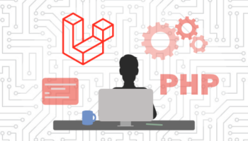 PHP developer on computer surrounded by Laravel, gears, and code icons