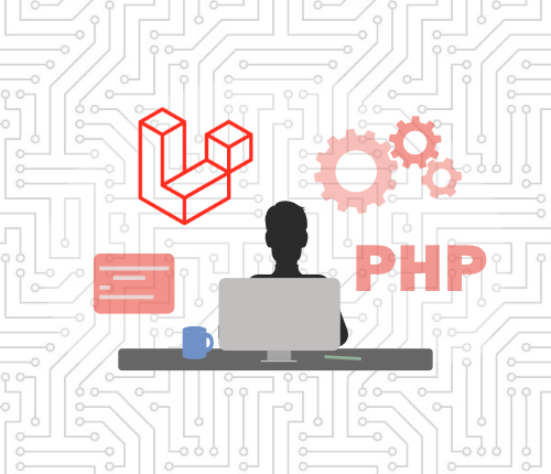 PHP developer on computer surrounded by Laravel, gears, and code icons