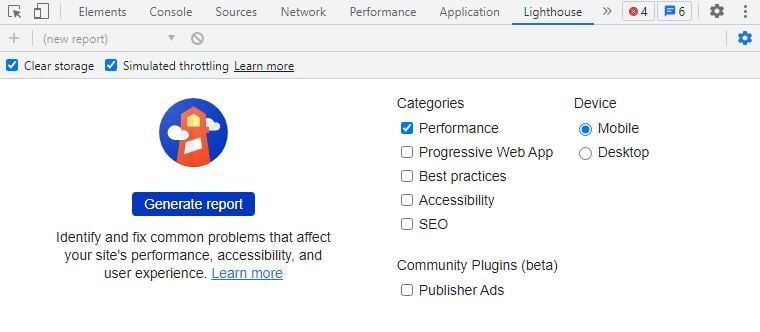 Lighthouse Chrome Extension Generate Report Screenshot