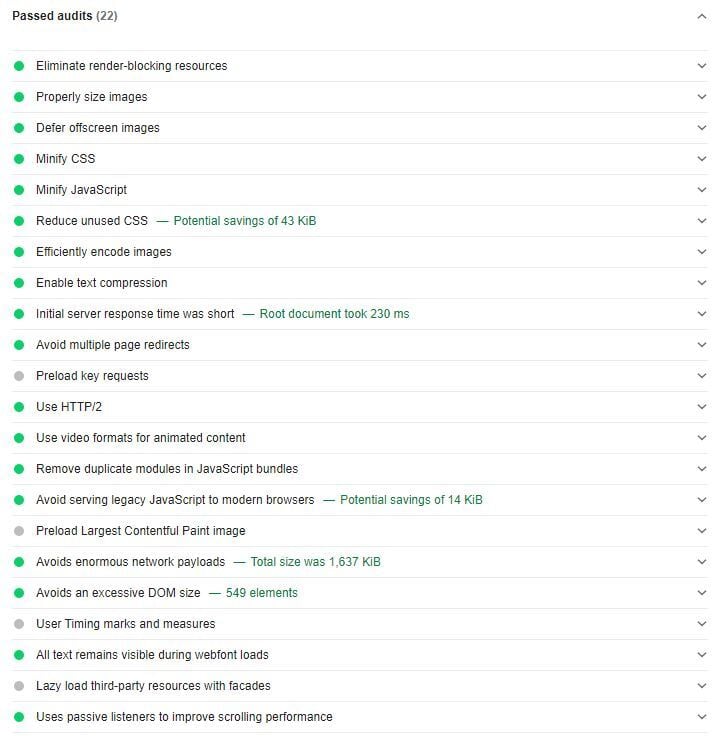 Lighthouse Passed Audits Section Screenshot